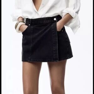 Zara Black Denim Mini Skirt with Wrap-Front Detail